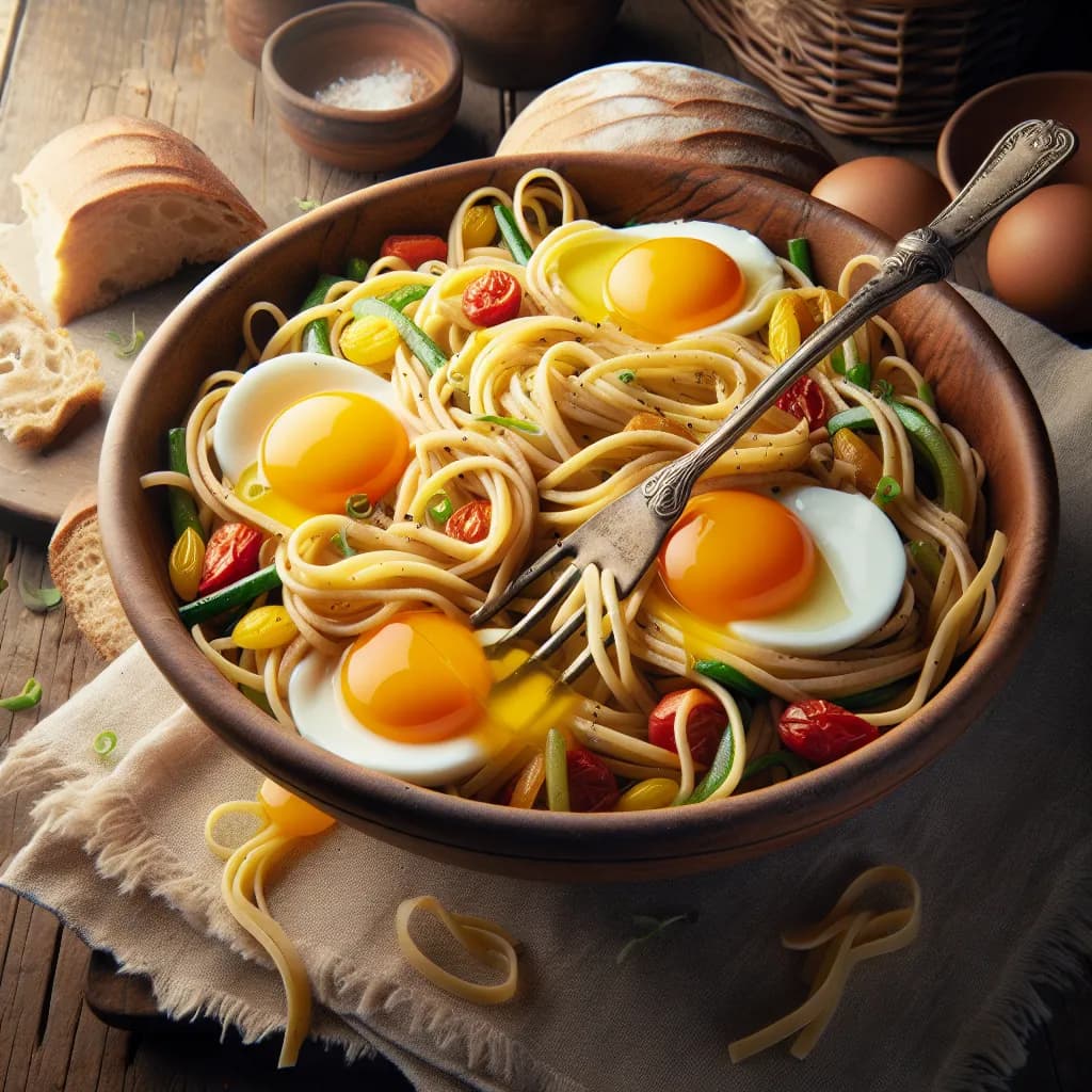 Pasta integrale con uova e verdure