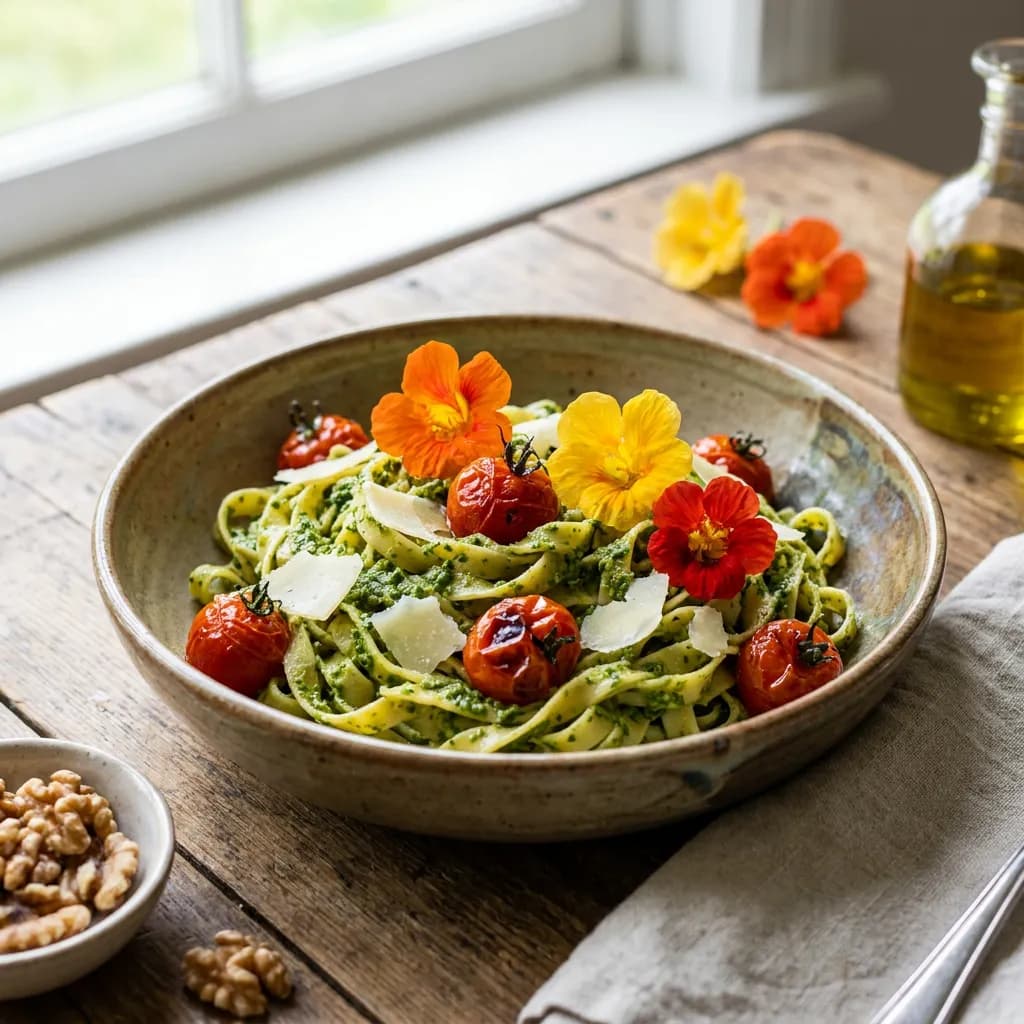 Pasta mit Kapuzinerkresse-Walnuss-Pesto und Kirschtomaten