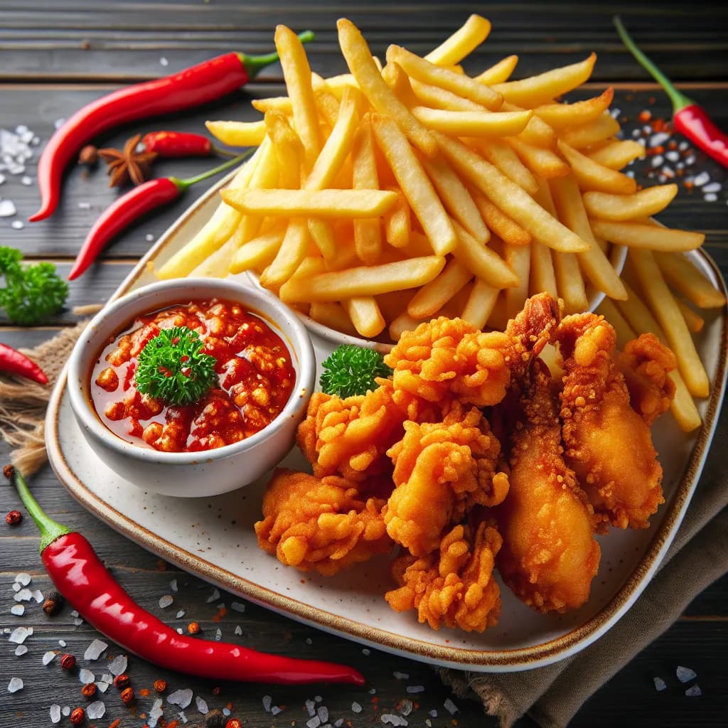 Patatine Fritte con Pollo Fritto Piccante