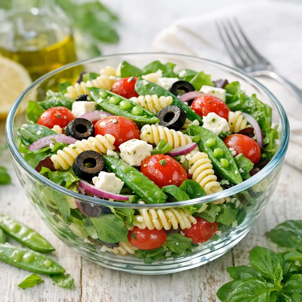 Peapod and Tomato Pasta Salad with Cheese