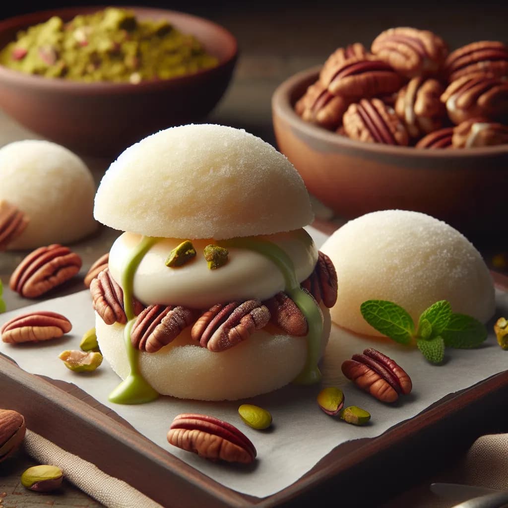 Pecan Mochi with Pistachio Cream
