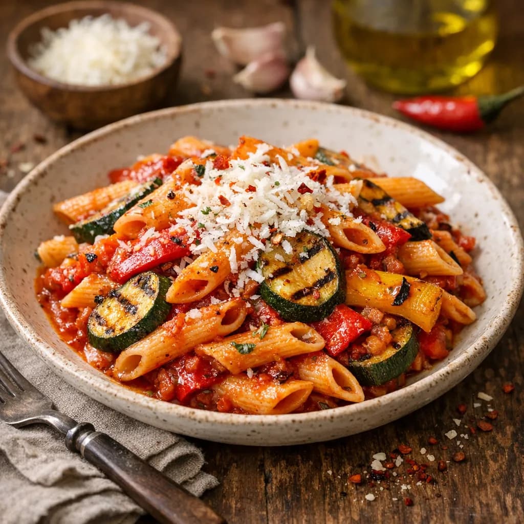 Penne Amatriciana aux légumes grillés