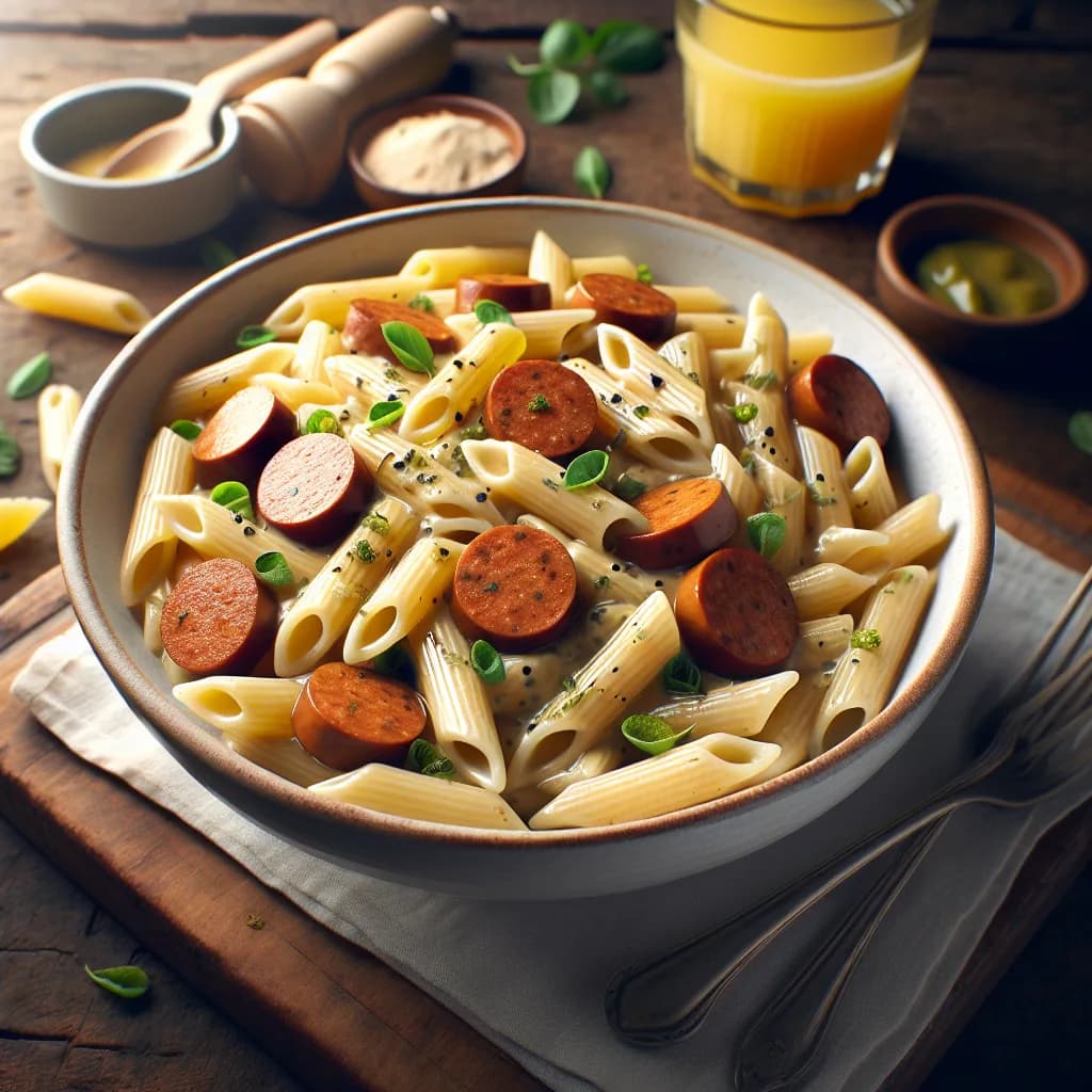 Penne alla crema di soia e salsiccia vegetale