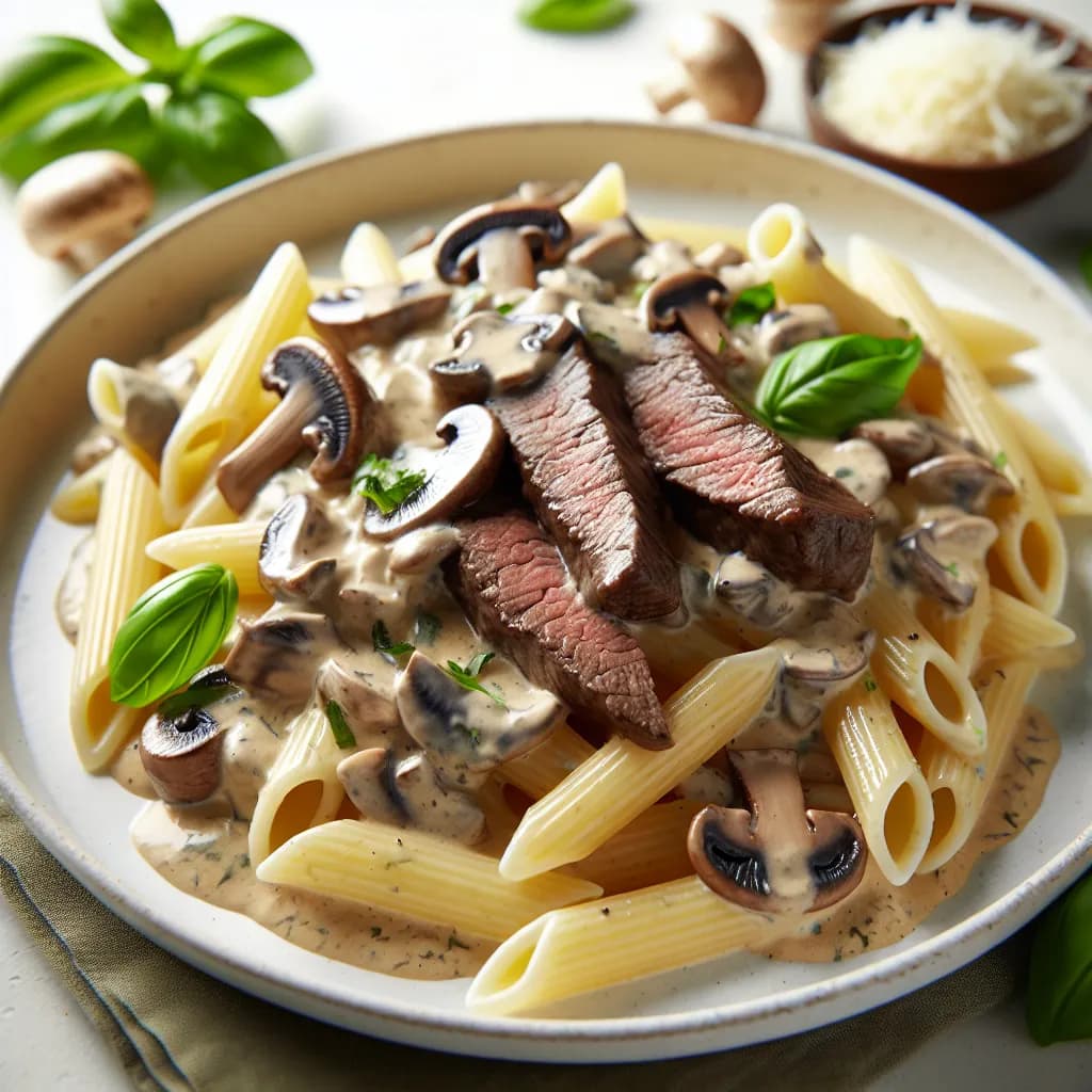Penne mit Filetstreifen und Pilzrahmsauce