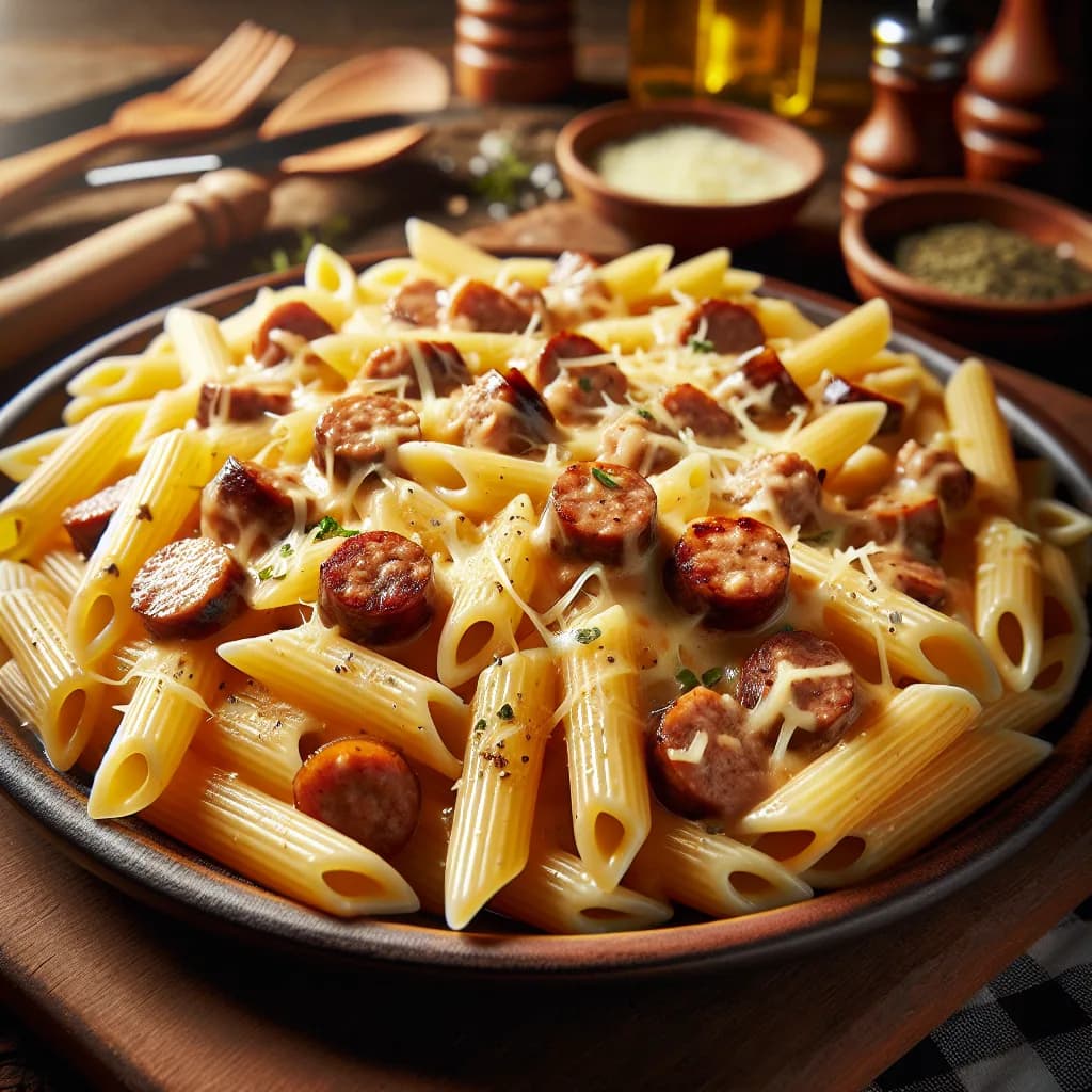 Penne mit Wurst-Käse-Sauce