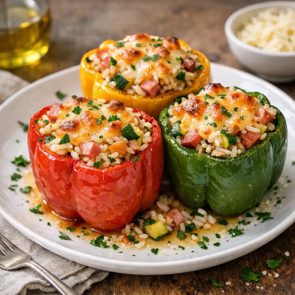 Peperoni Ripieni di Riso, Zucchine e Prosciutto
