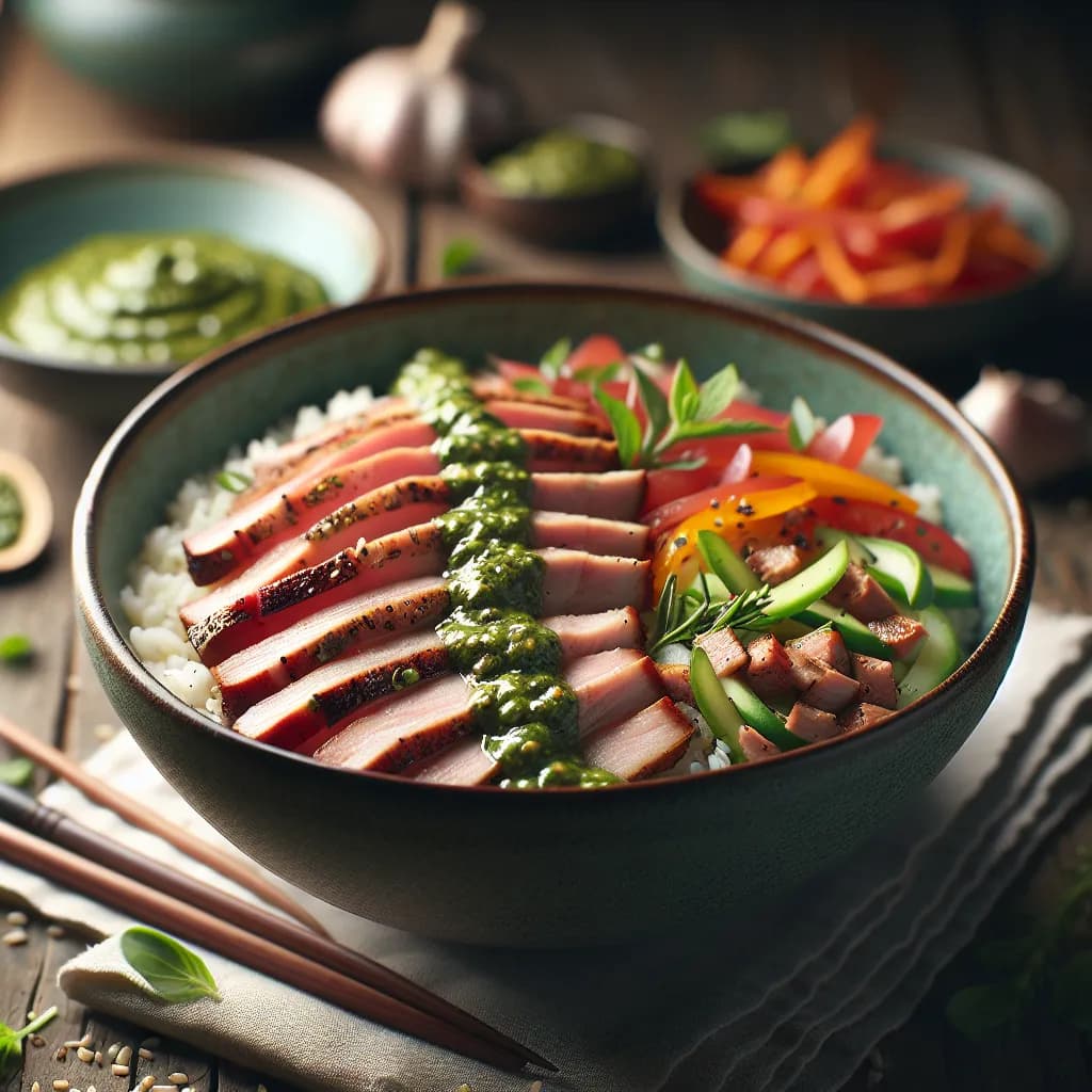 Pesto Pork and Rice Bowl