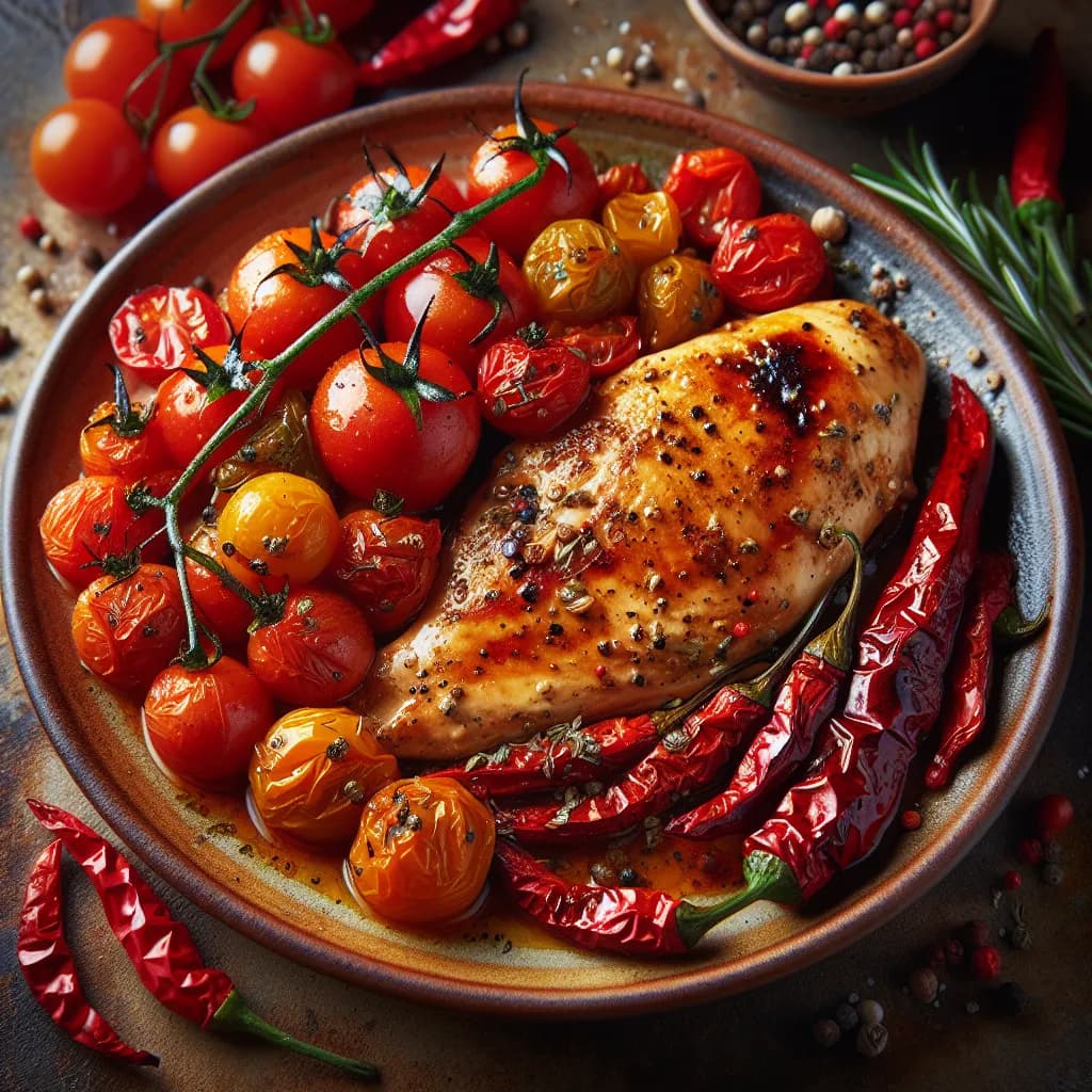 Petto di Pollo Saltato con Pomodori e Peperoni Piccanti