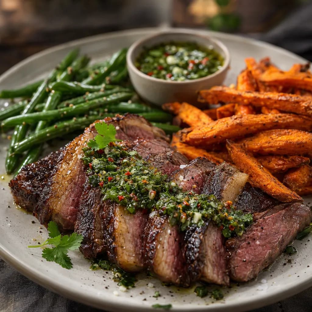 Picanha au chimichurri de coriandre, frites de patate douce et haricots verts