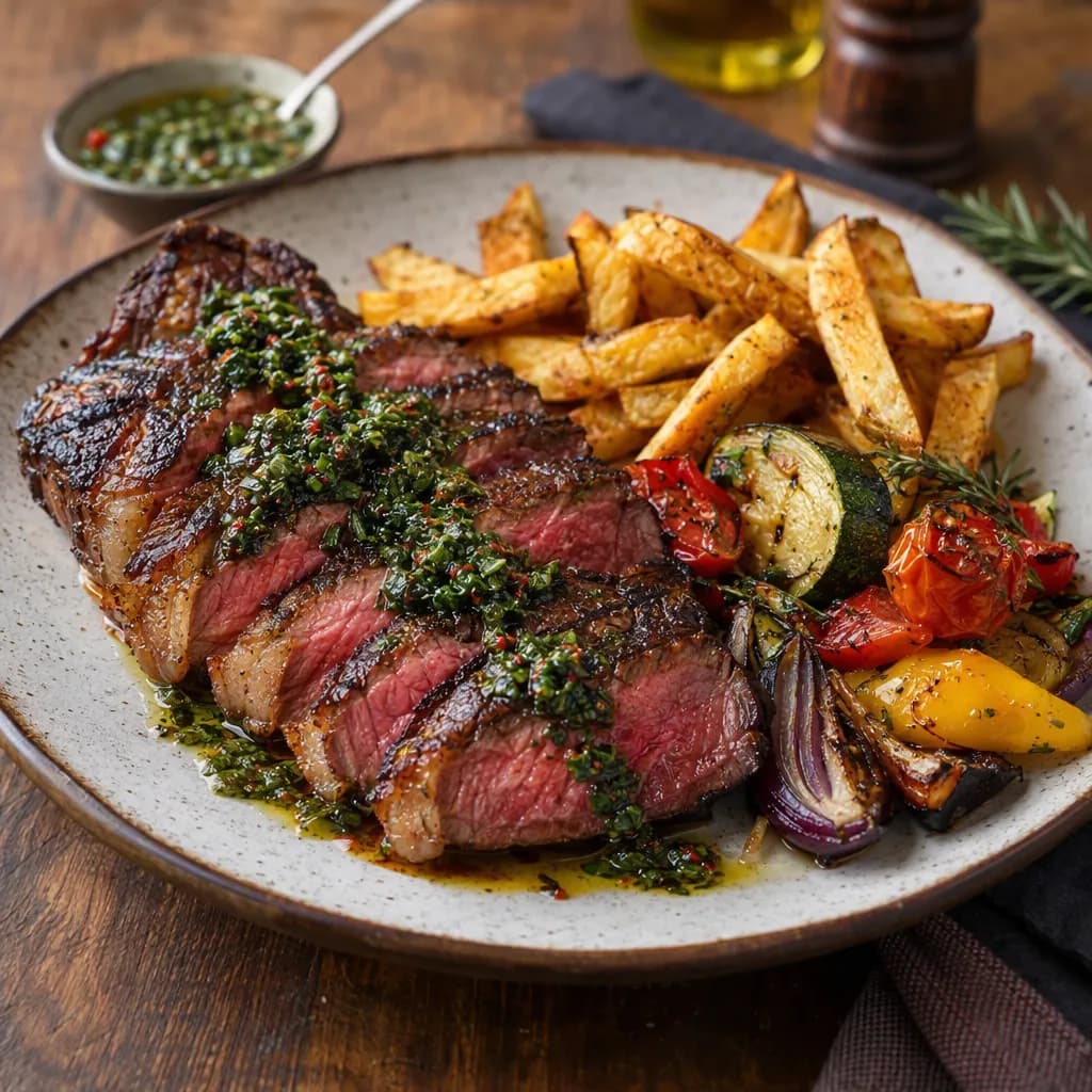 Picanha grillée, sauce chimichurri, frites au four et légumes rôtis