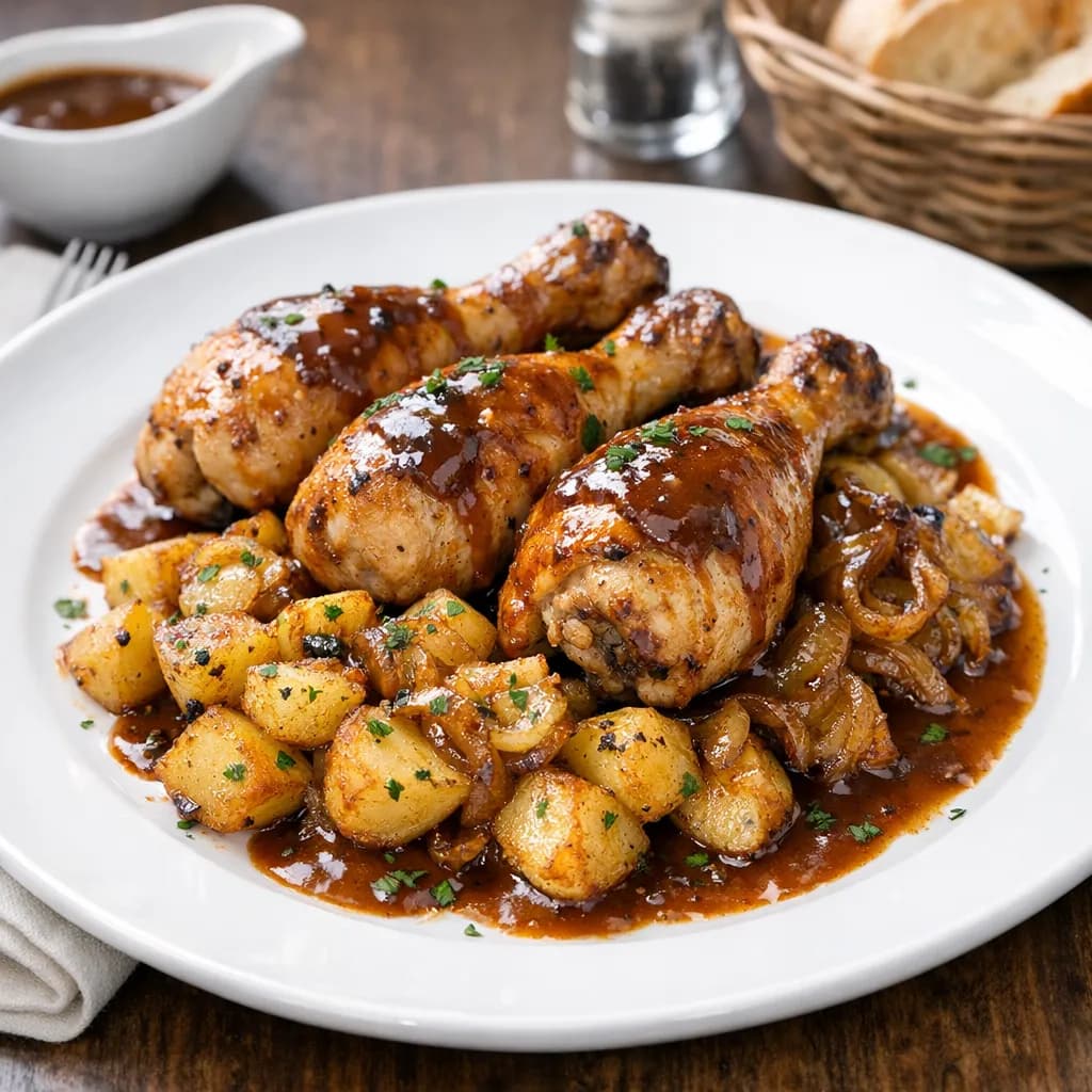 Pilons de poulet rôtis, pommes de terre sautées et sauce steak