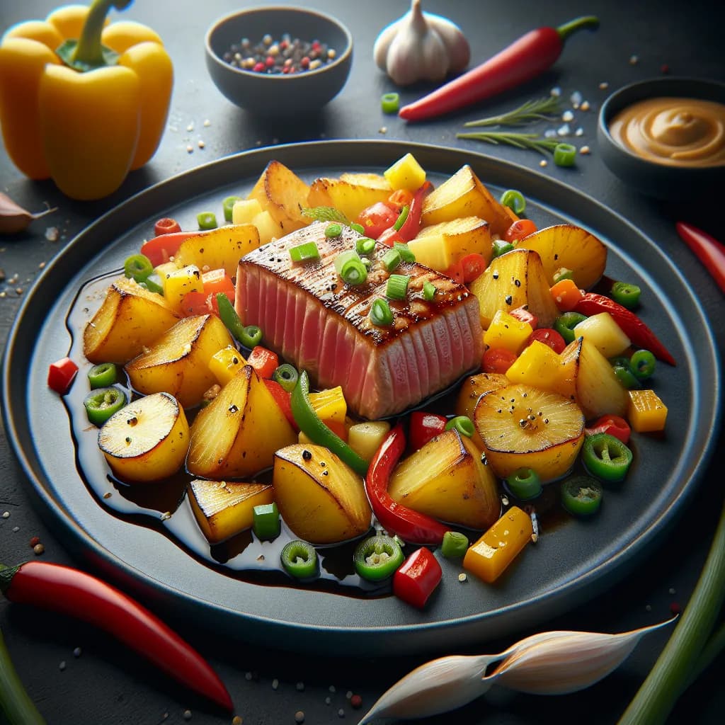Pineapple Glazed Tuna with Garlic Roasted Potatoes and Peppers