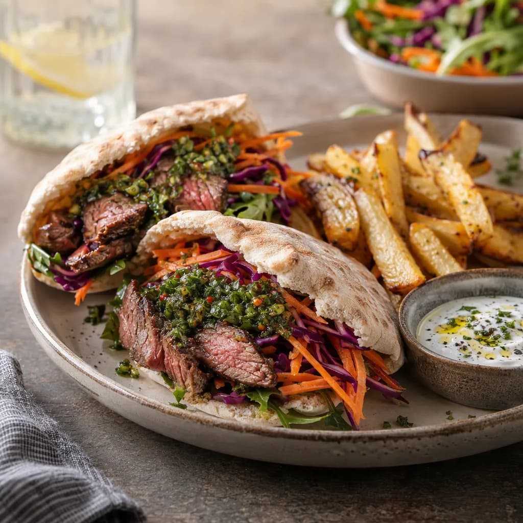 Pitas de picanha au chimichurri, frites légères et crudités
