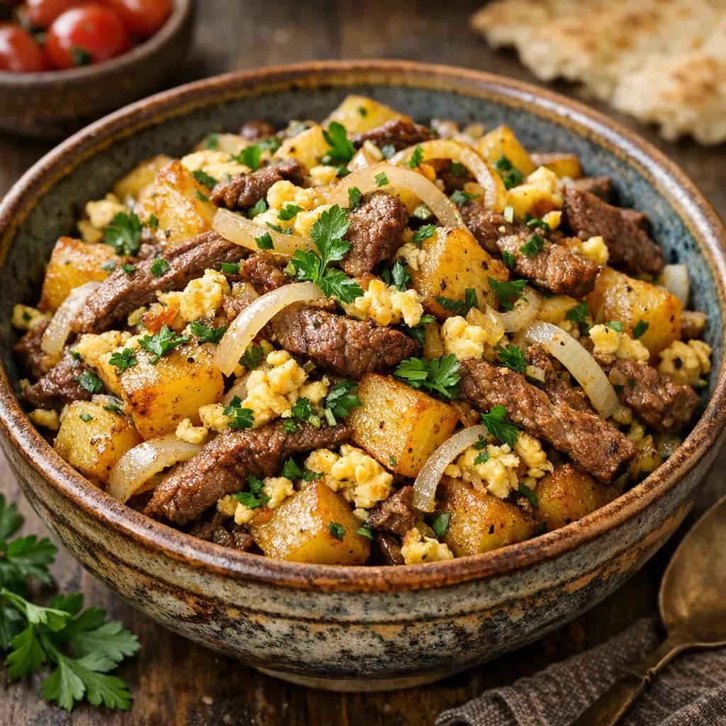 Piyoz Kartoshka Sabzi Tuxum Go'sht (Uzbek Potato, Onion, Egg & Beef Stir Fry)