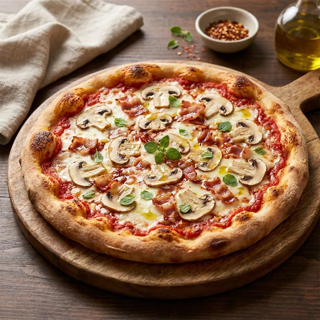 Pizza clásica de champiñones y bacon