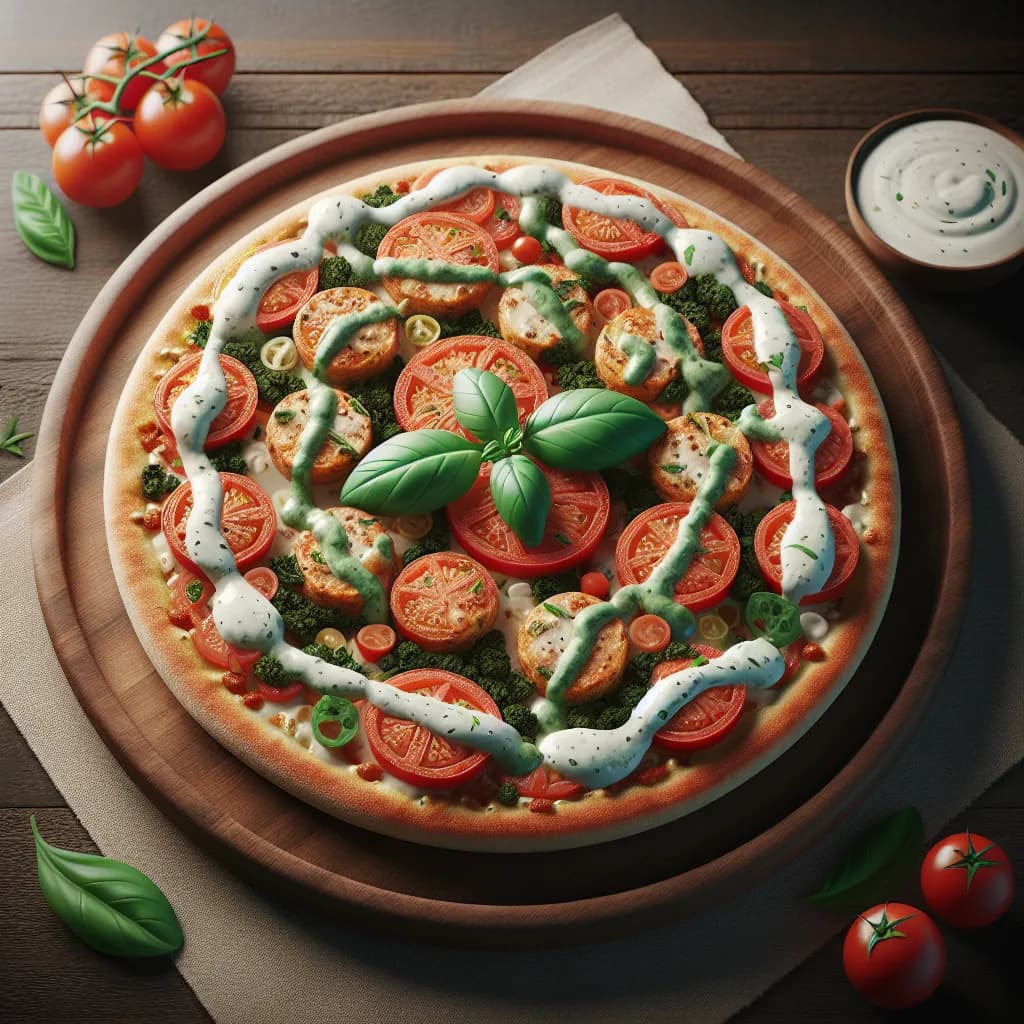 Pizza fără gluten cu sos ranch, roșii și busuioc