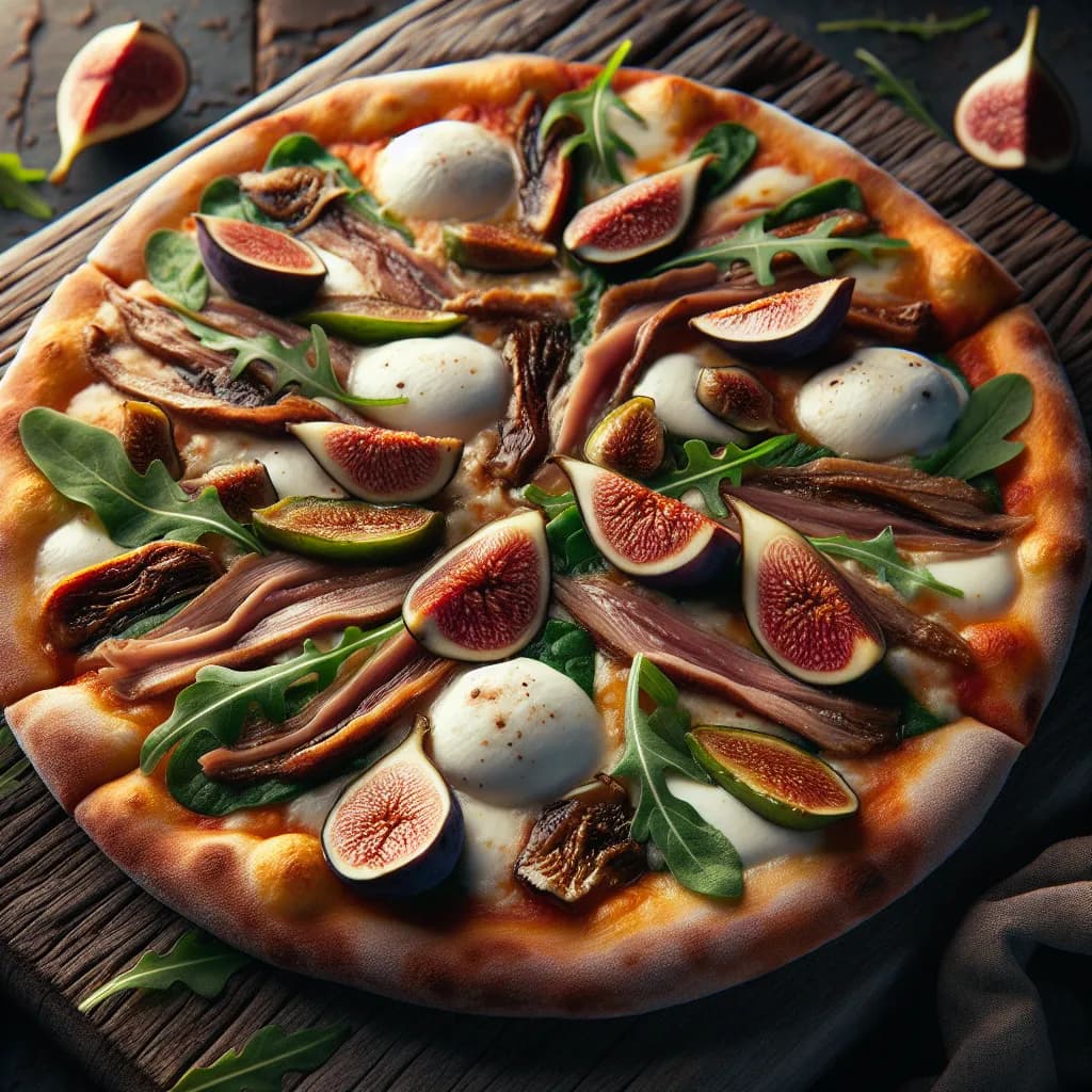 Pizza med konfiteret and og figner
