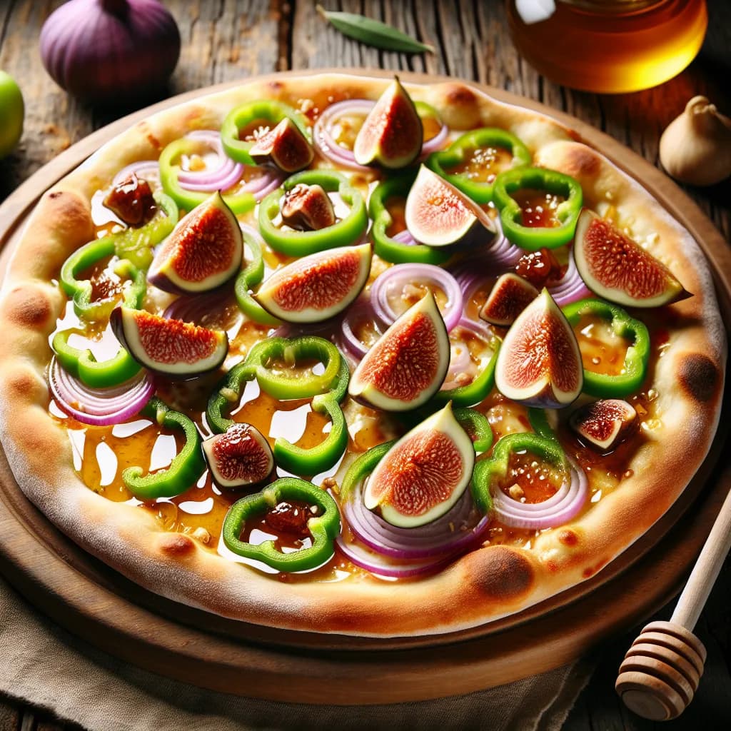 Pizza mit Honig, grüner Paprika, roter Zwiebel und Feige