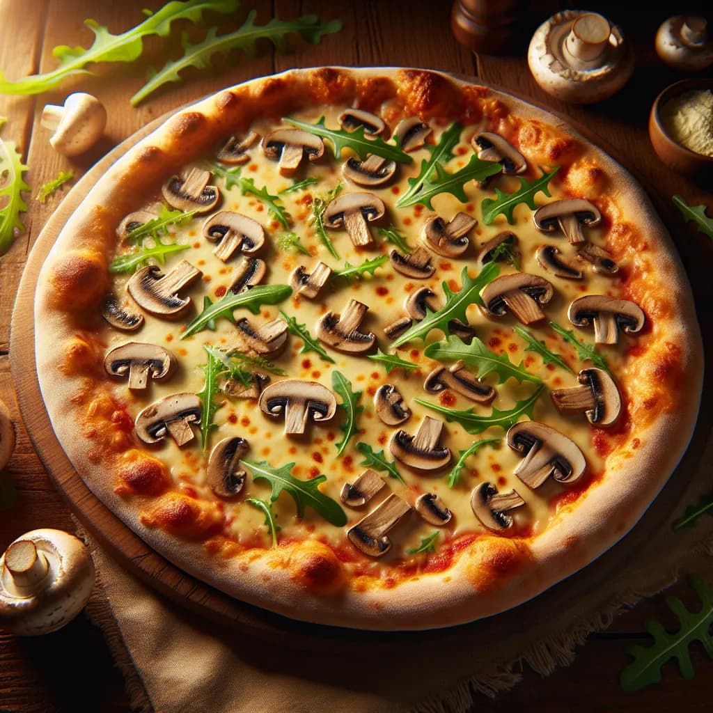Pizza mit Pilzen und Rucola