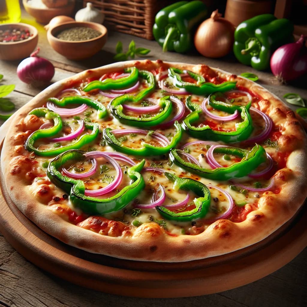Pizza mit grüner Paprika und roten Zwiebeln