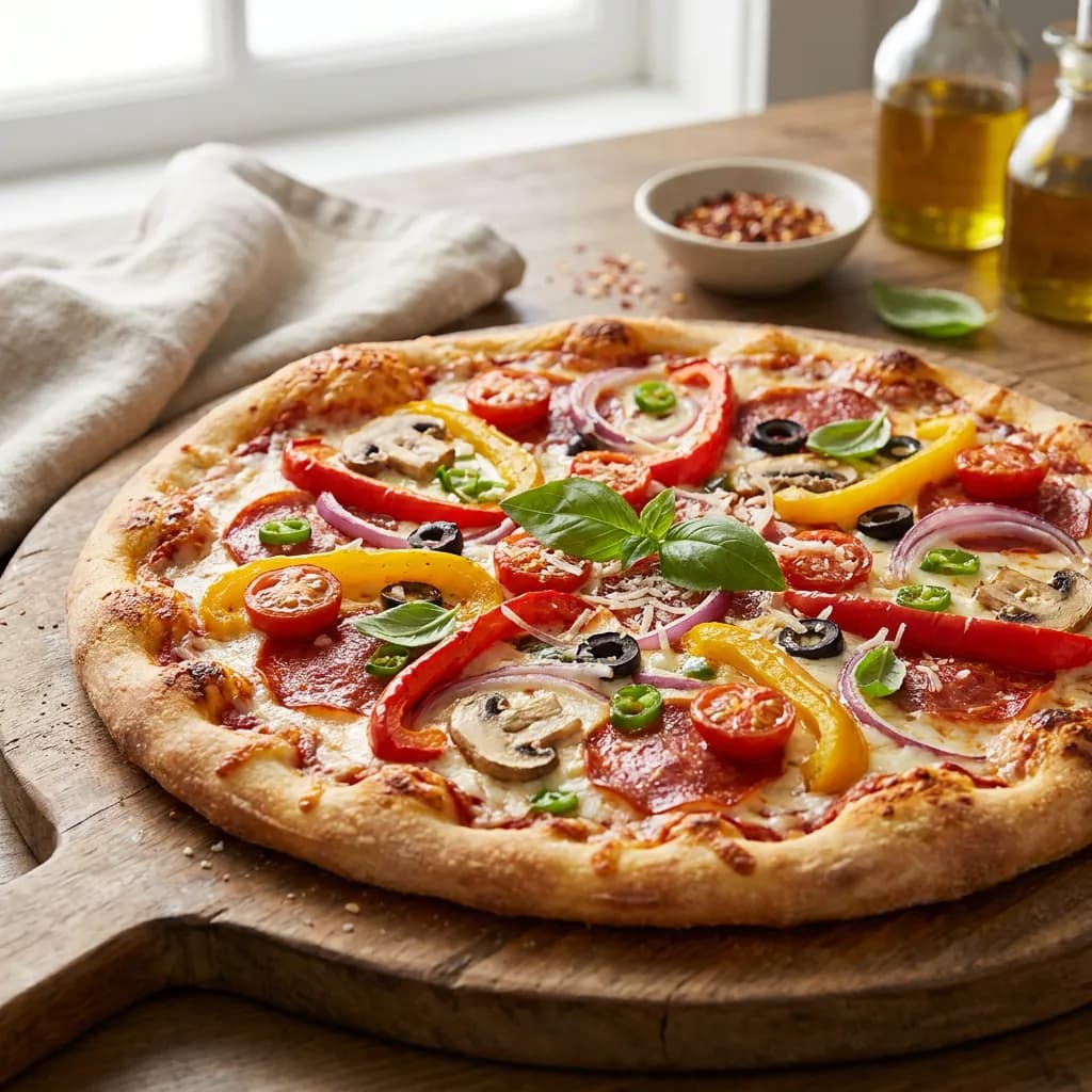 Pizza suprême au pepperoni et légumes relevés