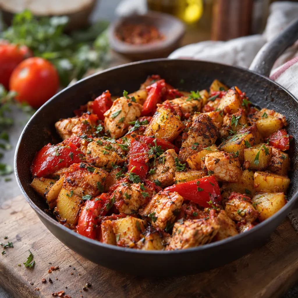 Poêlée épicée de poulet, pommes de terre et poivrons