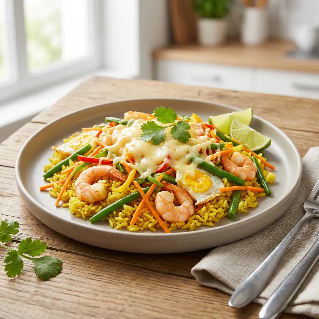 Poêlée de riz aux crevettes façon curry doux