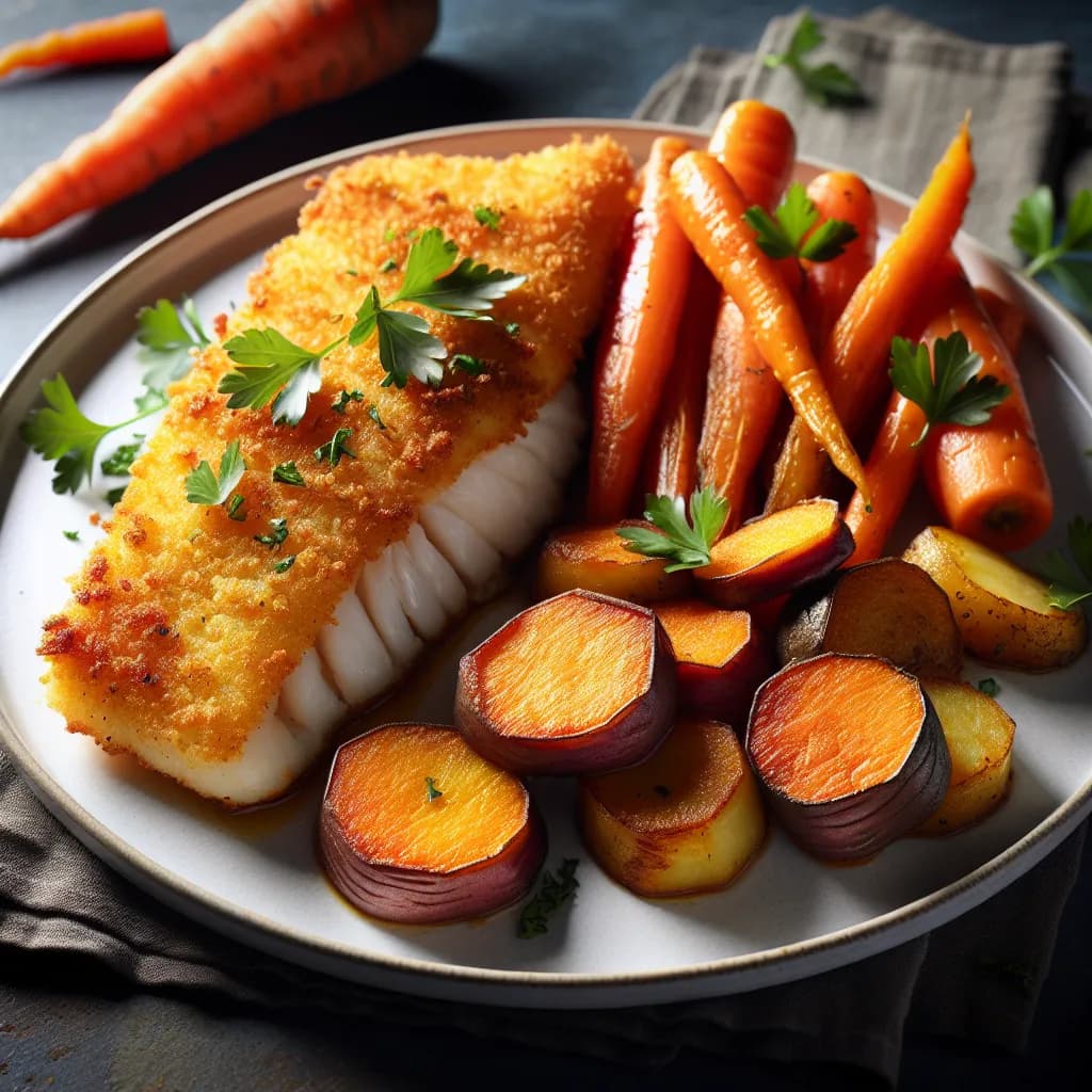 Poisson Pané aux Patates Douces et Carottes