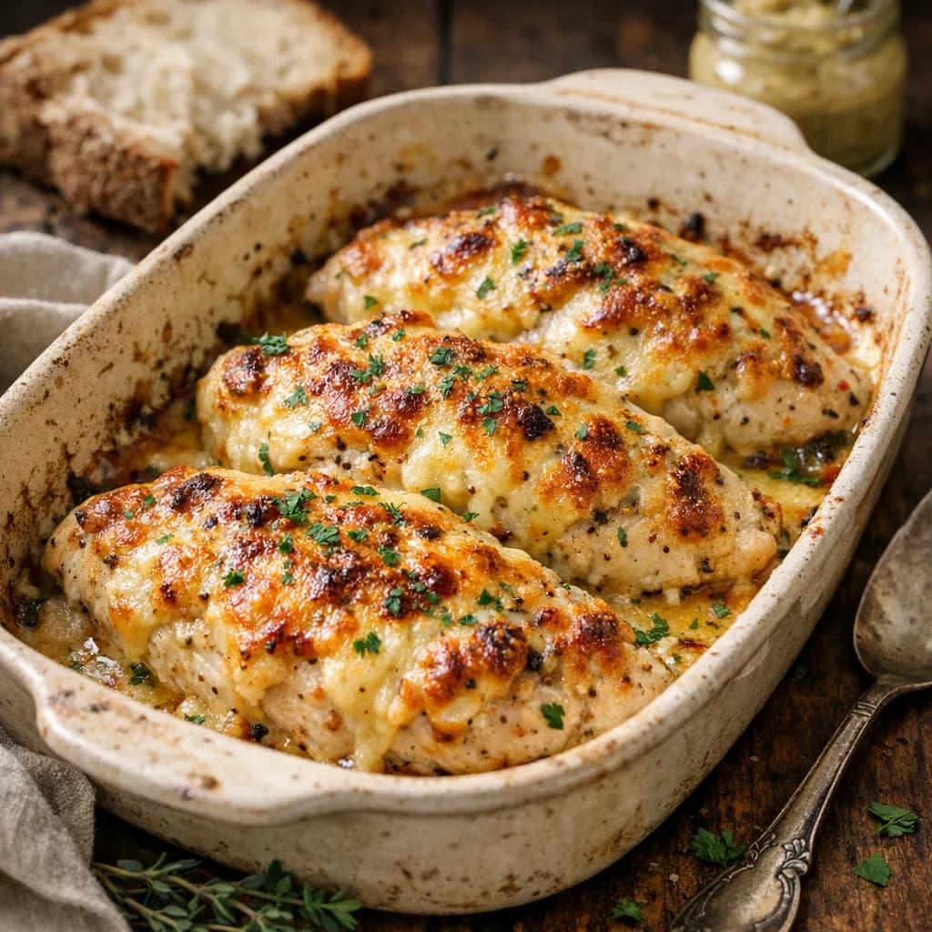 Poitrines de poulet gratinées au fromage fort et moutarde