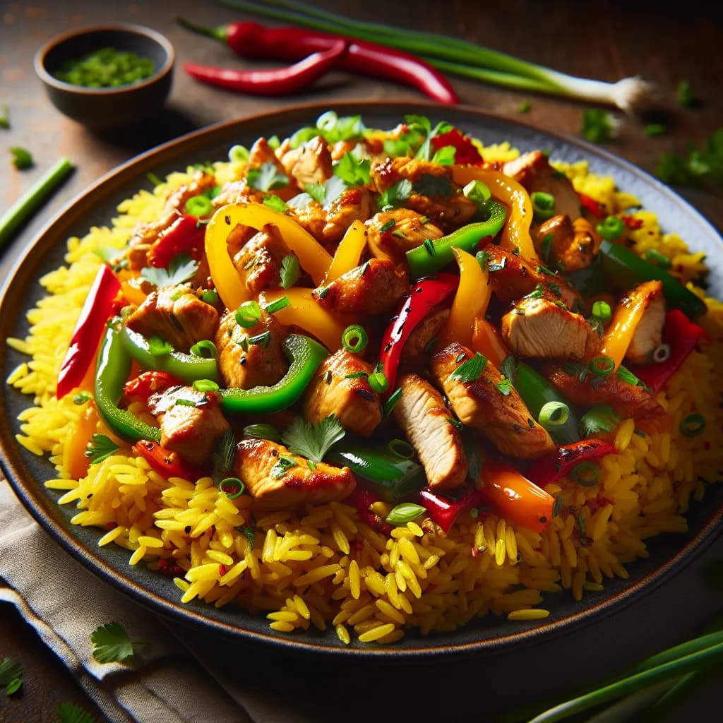 Pollo Saltato con Peperoni, Cipollotti e Riso alla Curcuma