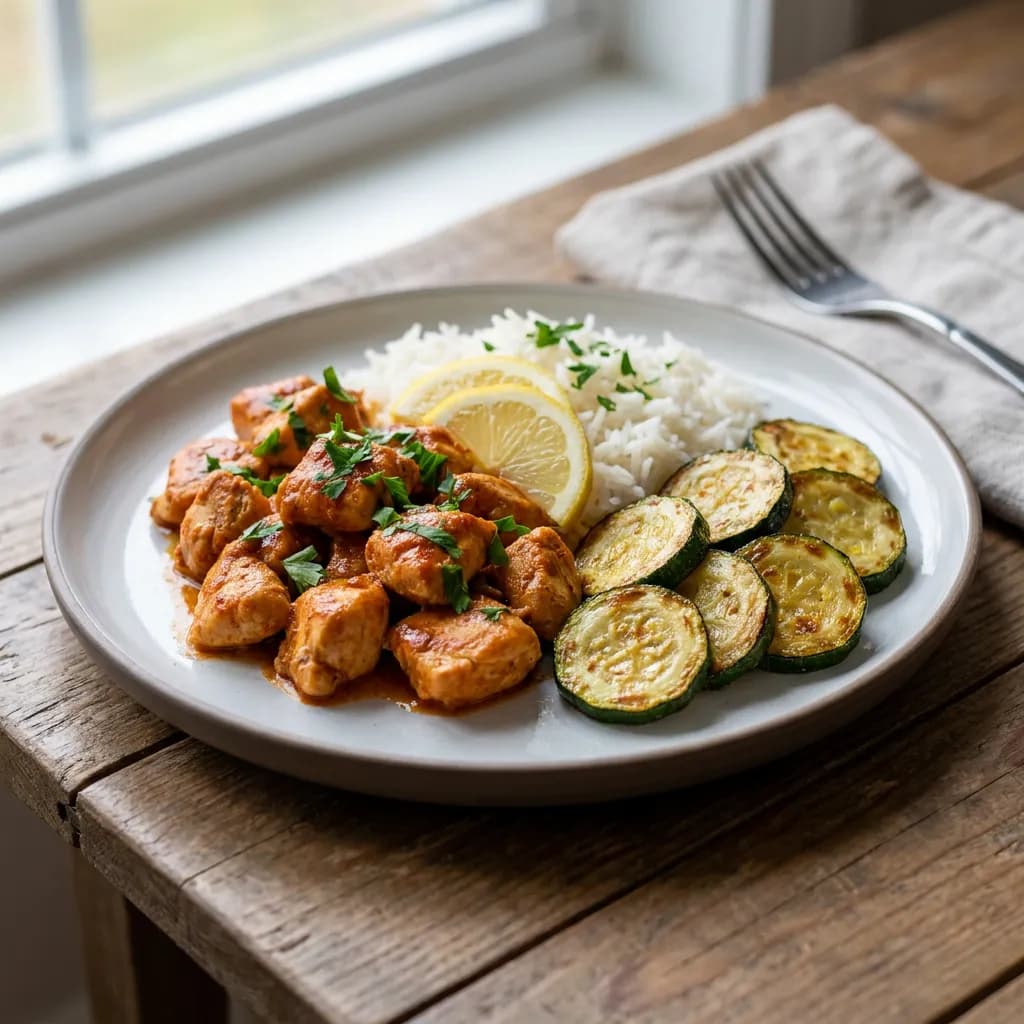 Pollo alla paprika con riso e zucchine