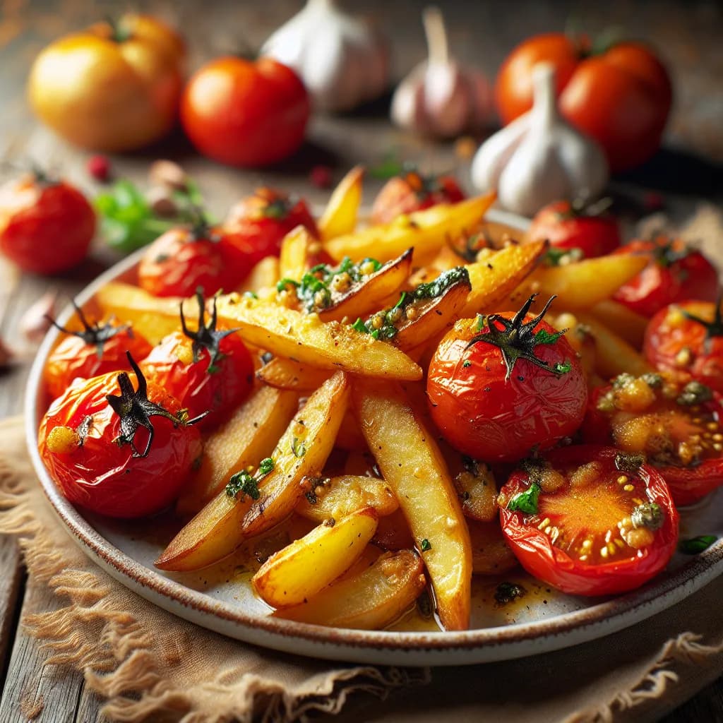 Pommes de terre rissolées aux herbes et tomates rôties à l'ail