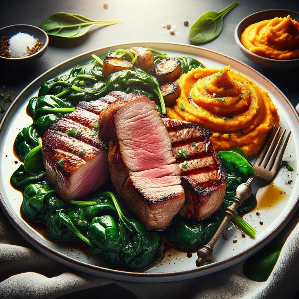 Pork Shoulder Steaks with Spinach and Sweet Potato Mash
