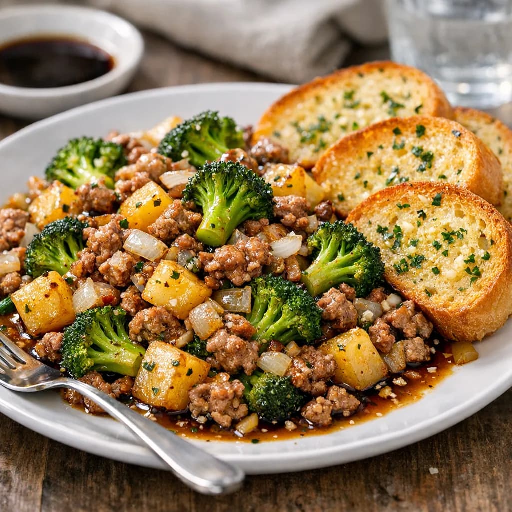 Pork and Broccoli Stir-Fry with Garlic Bread