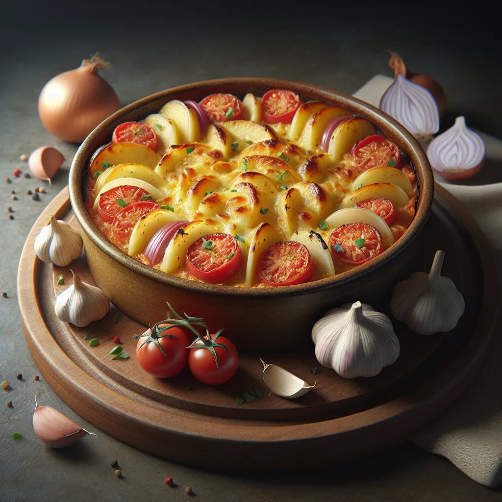 Potato Tomato Onion Garlic Gratin