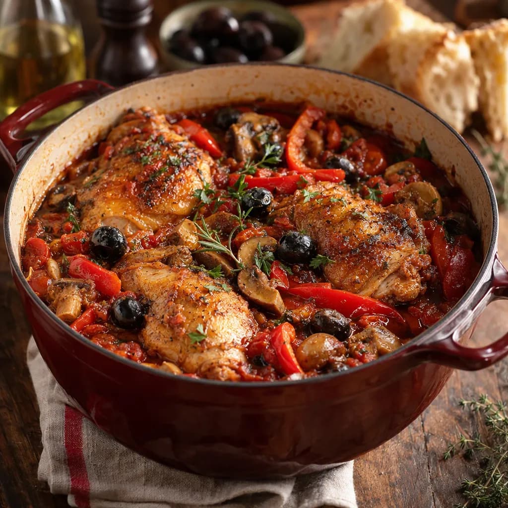 Poulet alla cacciatora aux poivrons, champignons et olives