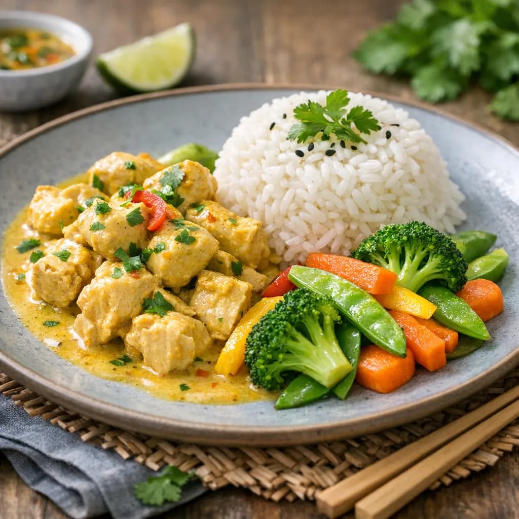 Poulet curry léger, riz et légumes vapeur