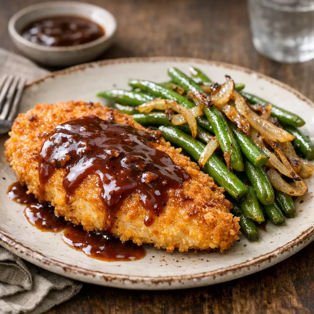 Poulet pané sauce steak et haricots verts sautés