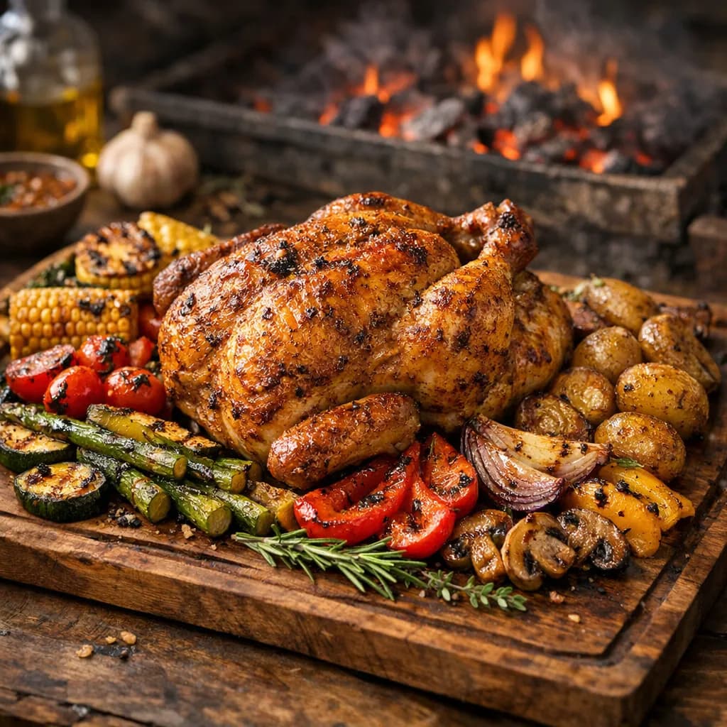 Poulet rôti au four à charbon et légumes grillés