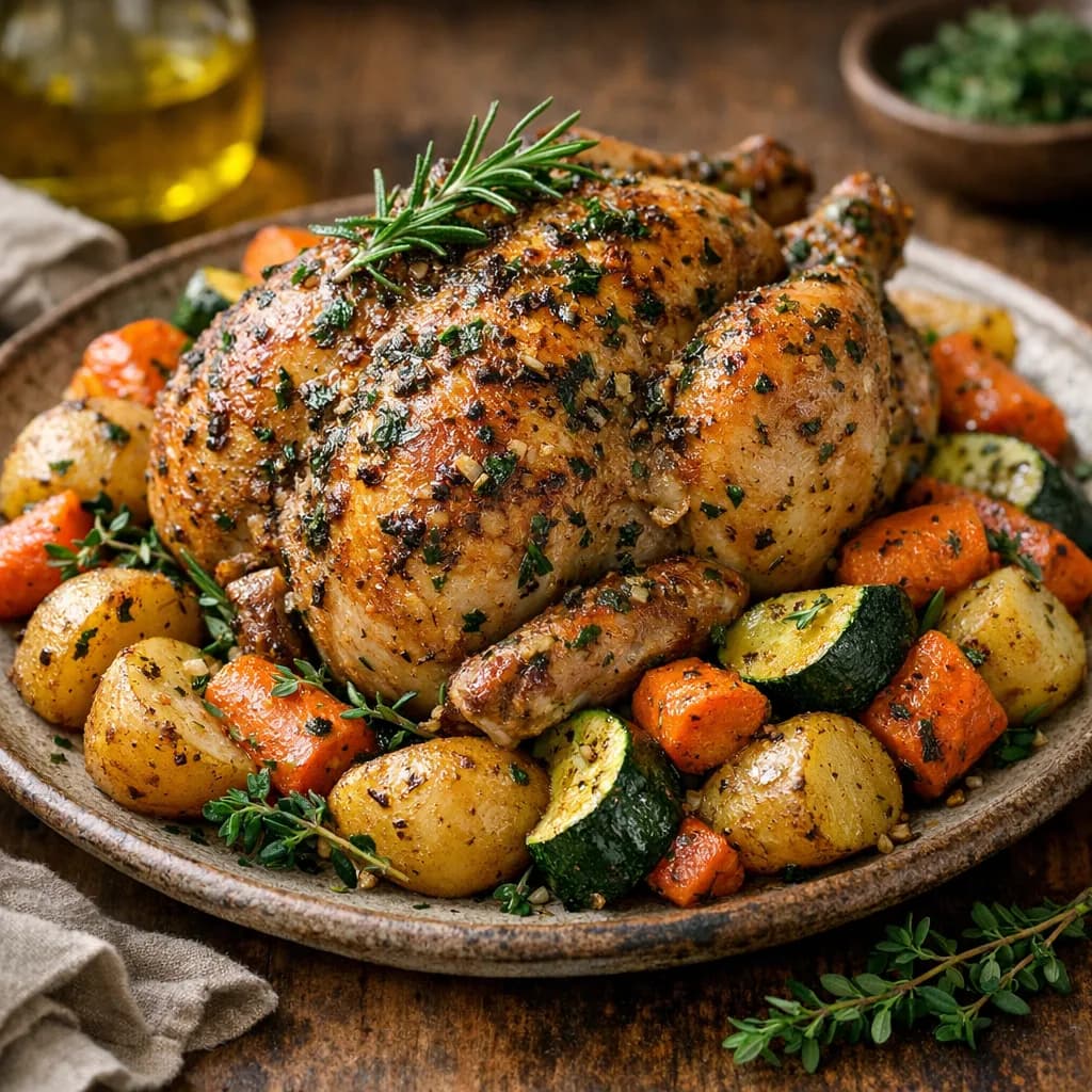 Poulet rôti aux herbes et légumes