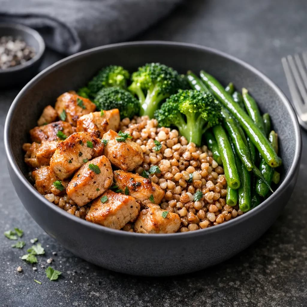 Poulet sauté au sarrasin et légumes verts