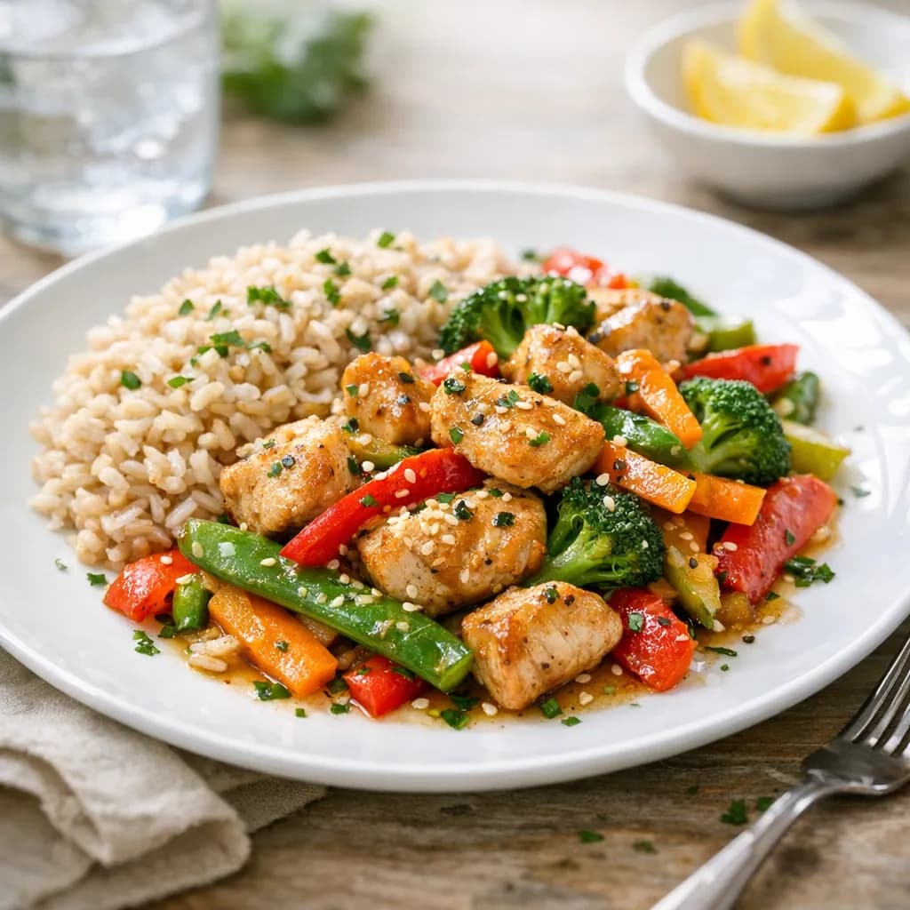 Poulet sauté aux légumes croquants et riz complet