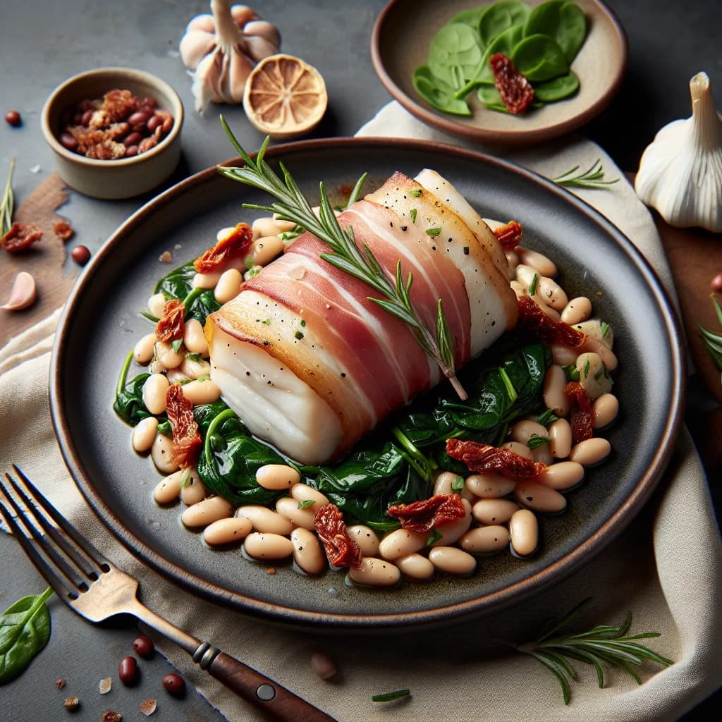 Prosciutto-Wrapped Cod with Garlicky White Beans