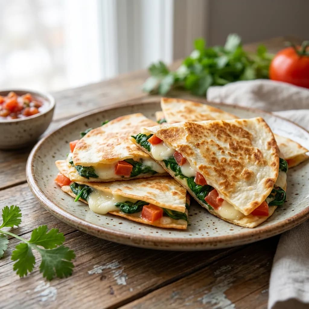 Quesadillas rápidas de espinaca, tomate y queso