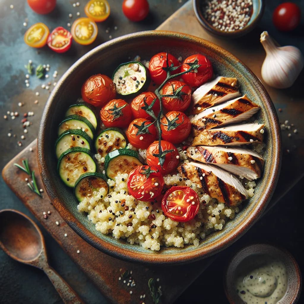 Quinoa Hähnchen Bowl mit Cherrytomaten und Zucchini
