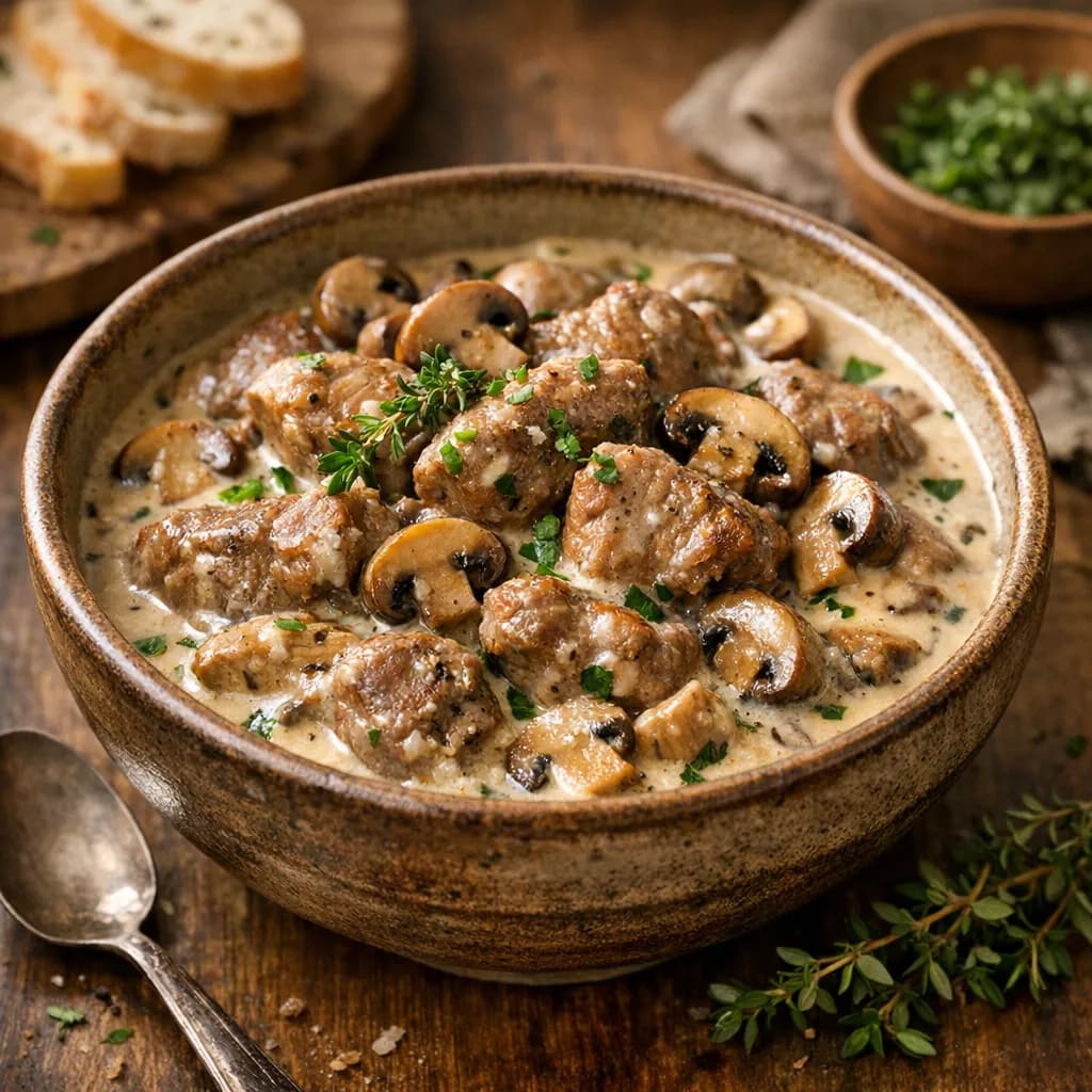 Ragoût d'agneau aux champignons et crème fraîche