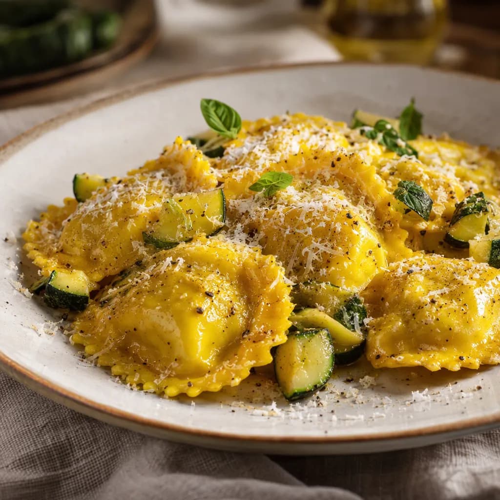 Ravioli dorati alla curcuma con pollo e zucchine