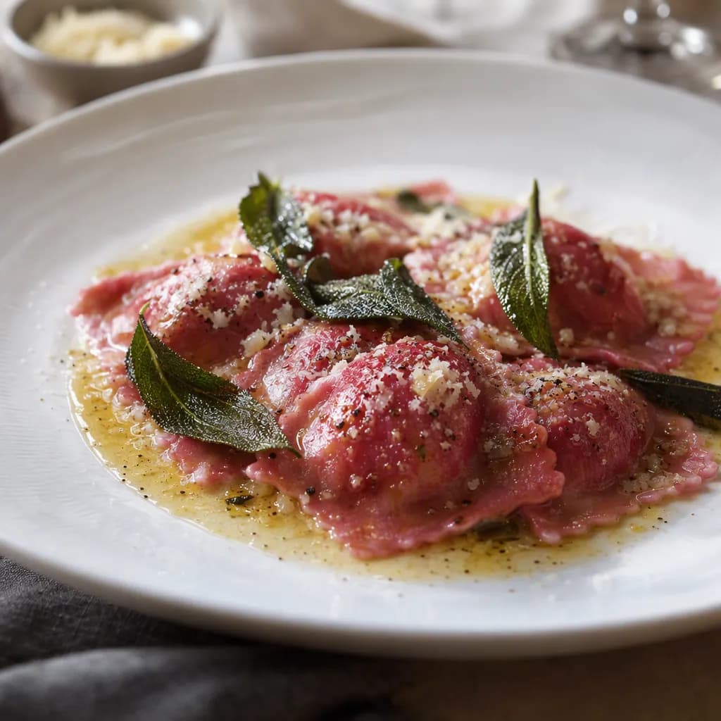 Ravioli variopinti alla barbabietola con ricotta e salvia