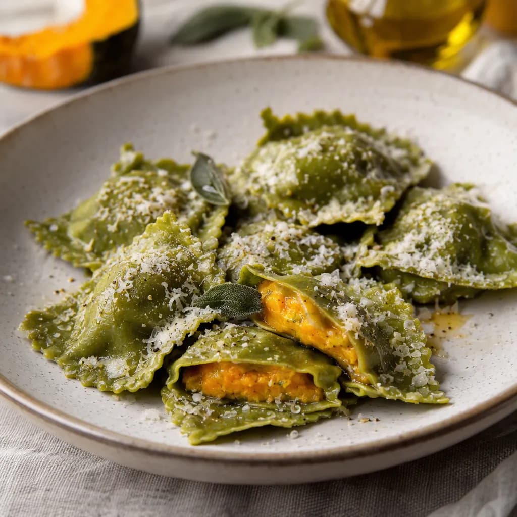 Ravioli verdi agli spinaci ripieni di zucca