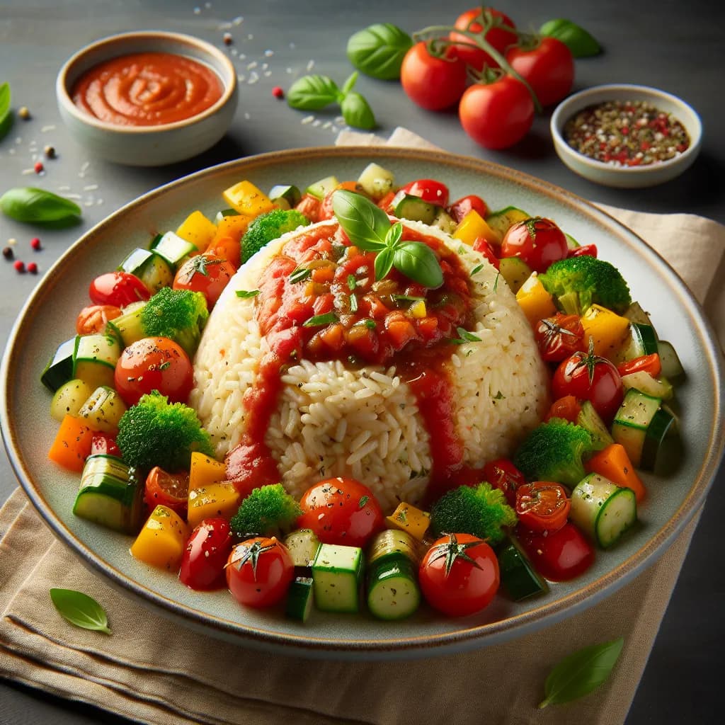Reis mit Gemüse und Tomaten-Basilikum-Soße